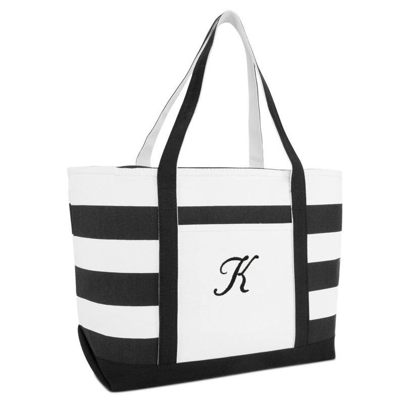 DALIX Striped Beach Bag Tote Bags Satchel Personalized Black Ballent Letter K - Image 1